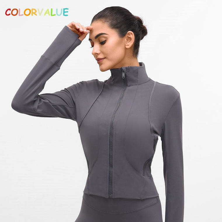 Colorvalue Naked-feel Fabric Fitness Sport Crop Jacket Women Full Zipper Slim Fit Workout Gym Coat with Zipper Pocket/Thumb Hole