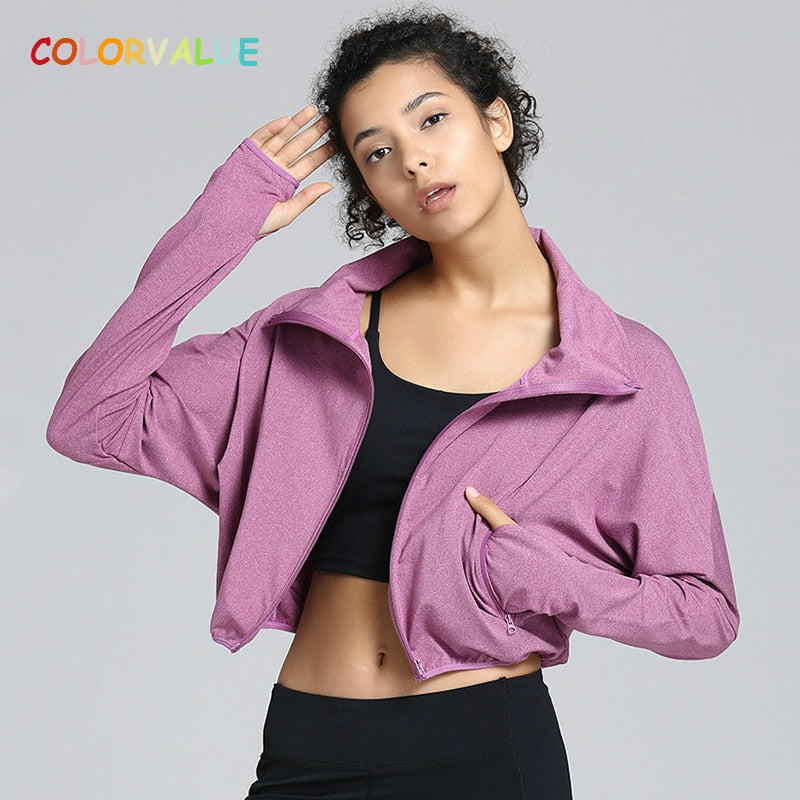 Colorvalue Full Waterproof Zipper Yoga Fitness Windbreaker Women Plain Loose Fitsport Workout Crop Jackets with Thumb Holes S-XL