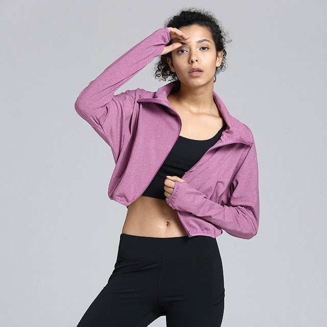 Colorvalue Full Waterproof Zipper Yoga Fitness Windbreaker Women Plain Loose Fitsport Workout Crop Jackets with Thumb Holes S-XL