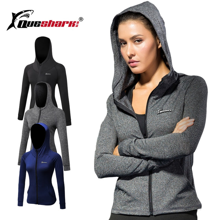 Queshark Women's Running Jacket Fitness Yoga Training Zipper Jacket Sports Hoodie Shirt Quick Dry Jogging Sportswear