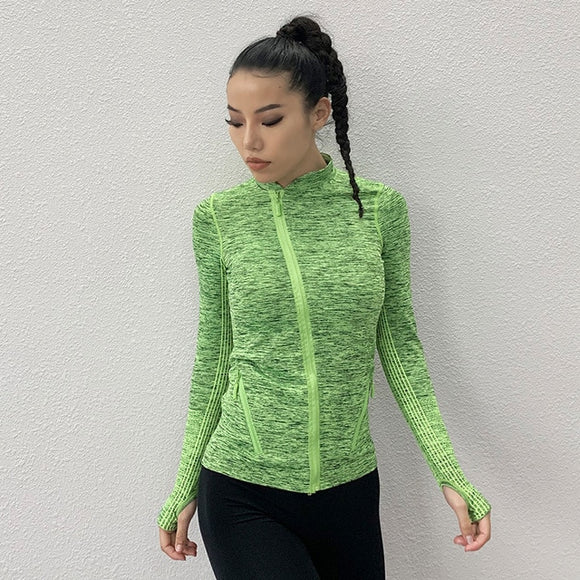 Wmuncc Seamless Sports Jacket Diagonal Zipper Design Long Sleeves with Thumb Hole Quick-drying Tops Yoga Running Fitness Shirt