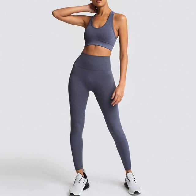 Seamless Gym Set Nylon Woman Sportswear 2 Piece Exercise Leggings Padded Sports Bras Women Fitness Wear Yoga Sets Sports Suits L