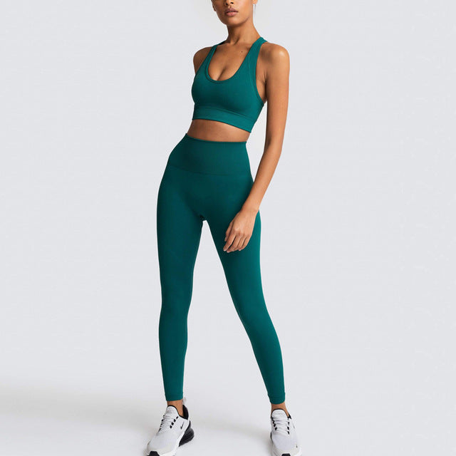 Seamless Gym Set Nylon Woman Sportswear 2 Piece Exercise Leggings Padded Sports Bras Women Fitness Wear Yoga Sets Sports Suits L