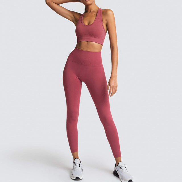 Seamless Gym Set Nylon Woman Sportswear 2 Piece Exercise Leggings Padded Sports Bras Women Fitness Wear Yoga Sets Sports Suits L