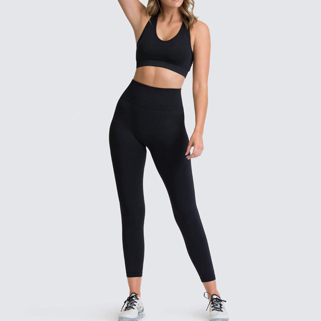 Seamless Gym Set Nylon Woman Sportswear 2 Piece Exercise Leggings Padded Sports Bras Women Fitness Wear Yoga Sets Sports Suits L