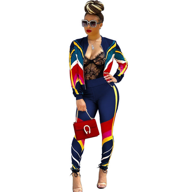Adogirl Contrast Color Stripe Women Tracksuit Zipper Long Sleeve Jacket Coat + Pants Fitness Sporting Suit Plus Size 2 Piece Set