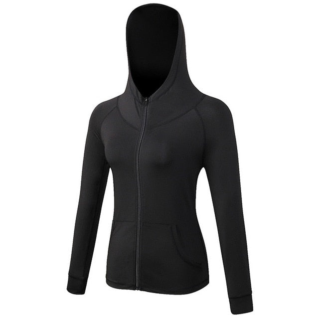 AtejiFey Women Yoga Tops Sport Hoodies Quick dry Long sleeve Sweatshirt Female Running sportswear Fitness Zipper Jacket Hat Coat