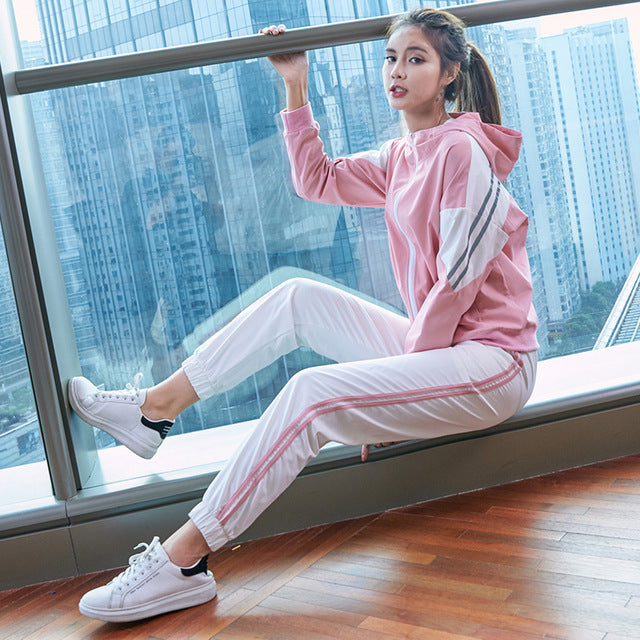 2pcs Spring Summer Women Sports Suit Hooded Jackets Yoga GYM Running Sets Fitness Trainning Sportswear Coat Long Pants
