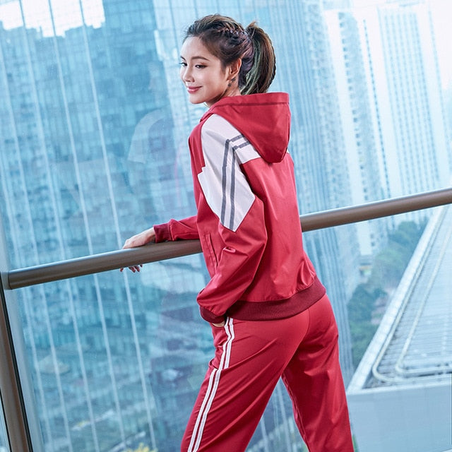 2pcs Spring Summer Women Sports Suit Hooded Jackets Yoga GYM Running Sets Fitness Trainning Sportswear Coat Long Pants